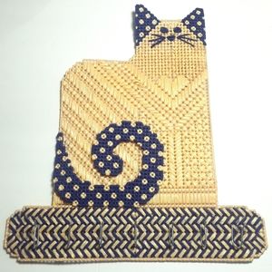 Vintage Rattan boho woven cat wall decor